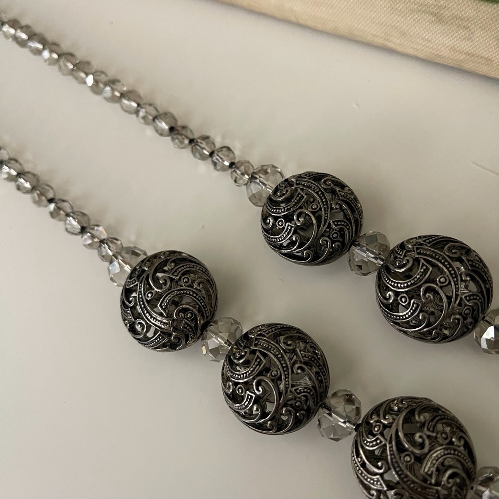 Vintage Opera Length Filigree and Hand Knotted Smokey Grey Crystal Beads - Picture 11 of 13